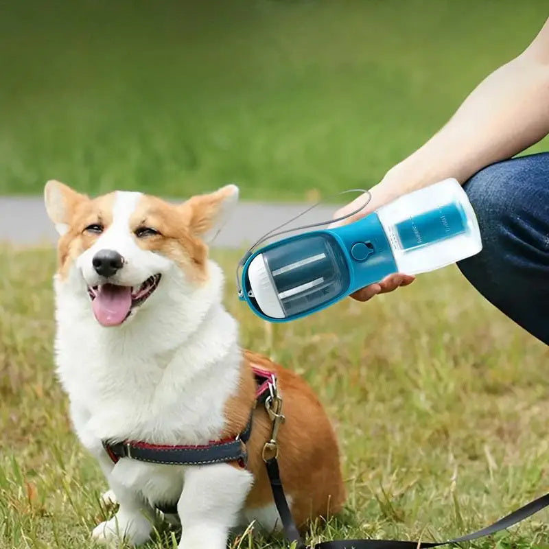 3-in-1 Portable Dog Water Bottle, Food Container & Waste Bag Dispenser – Travel Pet Cup for Outdoor