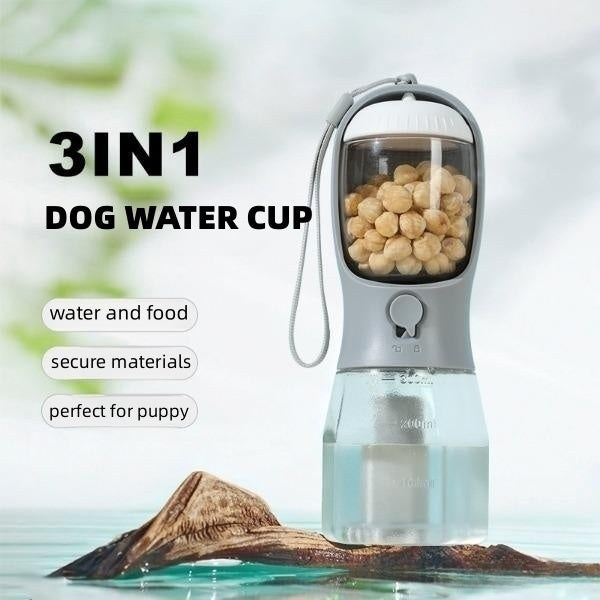 3-in-1 Portable Dog Water Bottle, Food Container & Waste Bag Dispenser – Travel Pet Cup for Outdoor